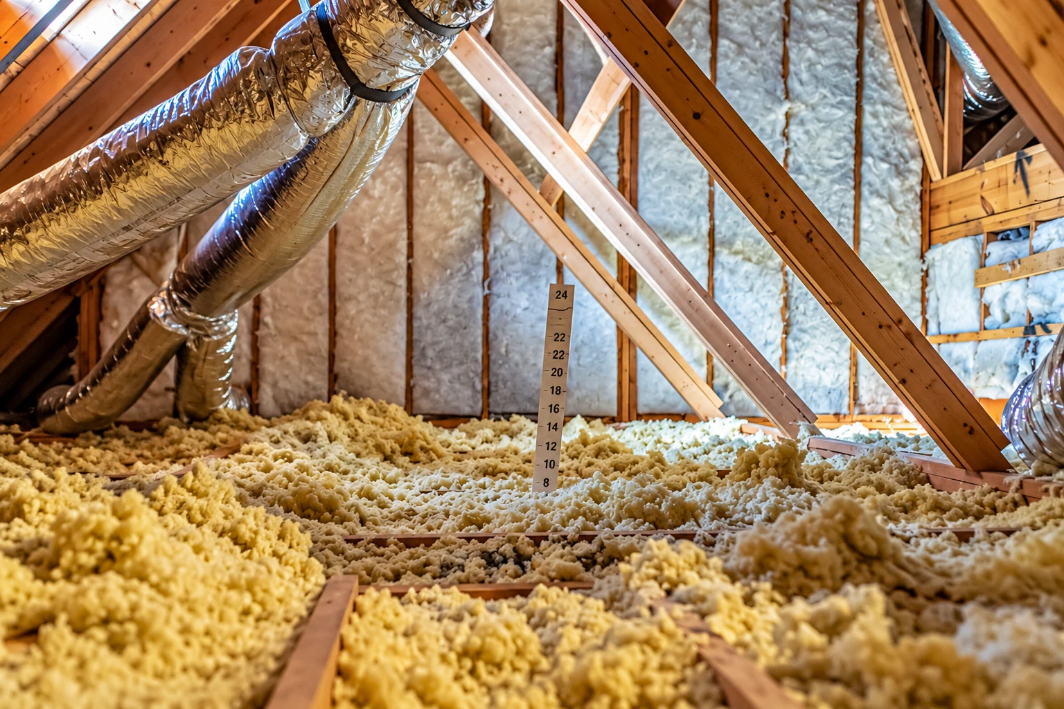 Attic with loose-fill insulation across the floor, insulated rafters, and large flexible silver ducts.