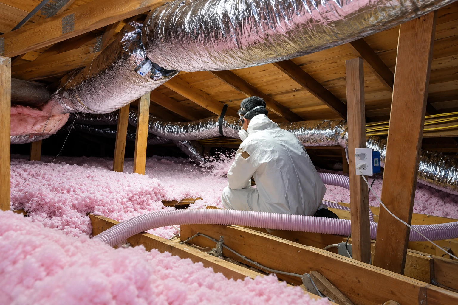 A worker in protective gear installs pink blown-in insulation in an attic beneath reflective HVAC ducts.