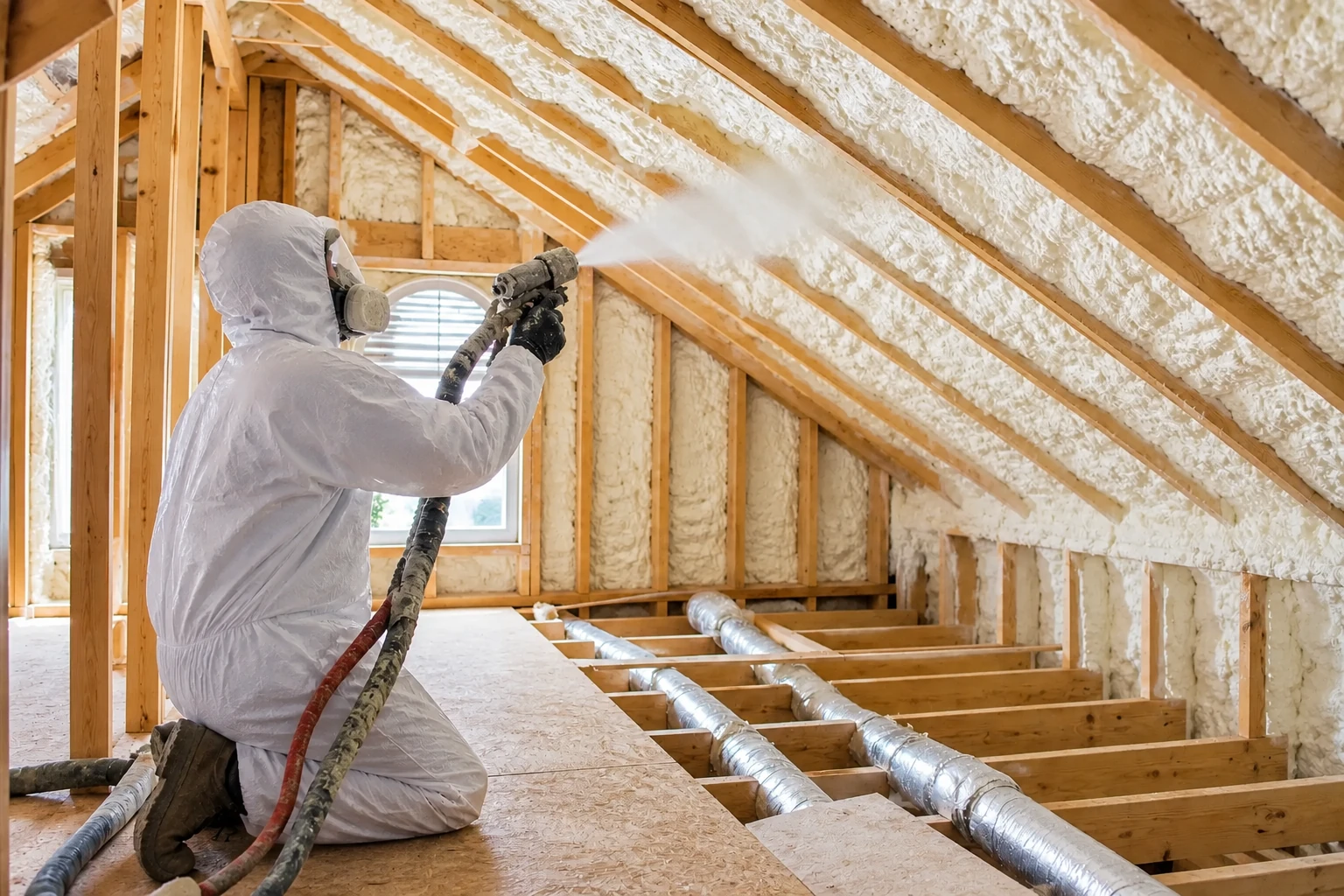 A worker in protective gear sprays foam along the roof framing of an insulated attic.