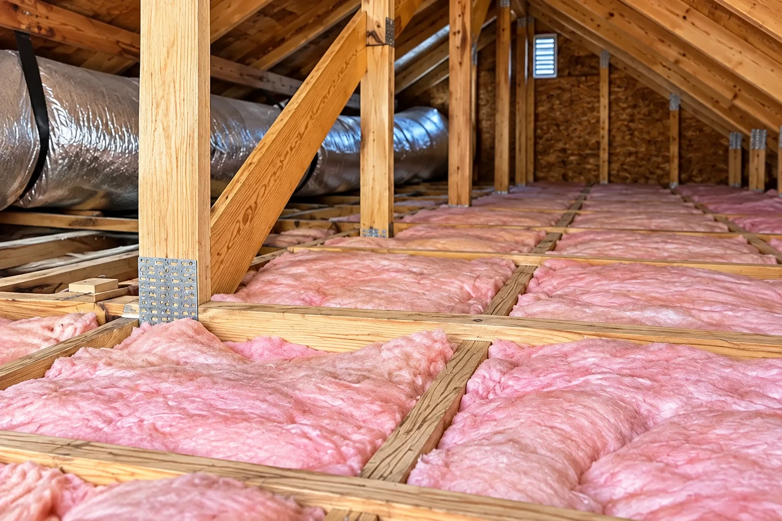 Pink batt insulation fills attic floor joists beneath exposed wooden rafters and a large HVAC duct.