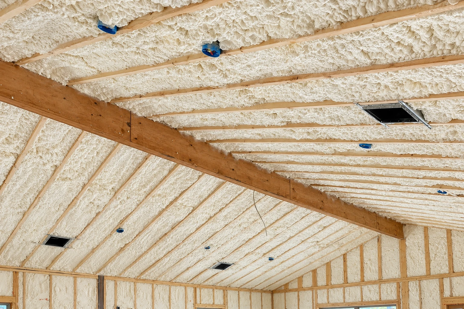 Attic rafters and ceiling are covered with thick white spray foam insulation.