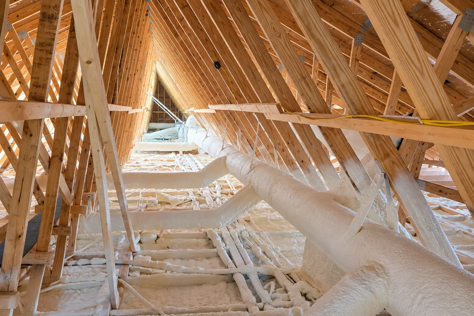 Attic with exposed wooden trusses and white spray foam coating the roof framing and floor.