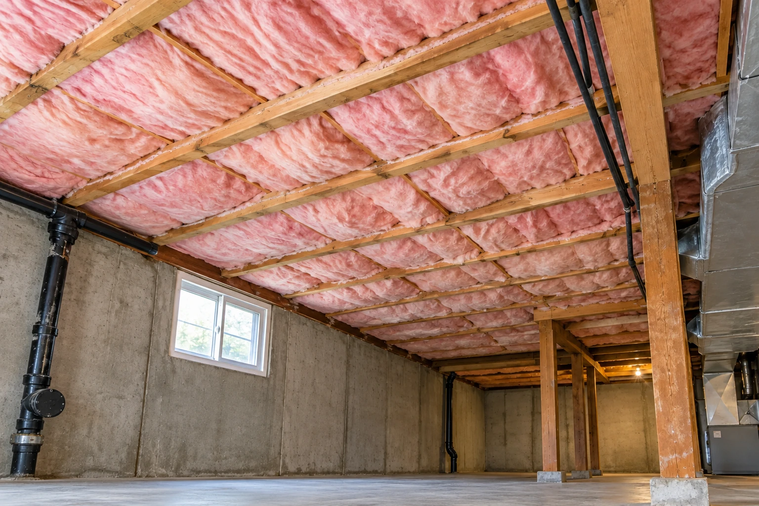 Basement with pink fiberglass batts between ceiling joists, concrete walls, support posts and ductwork.