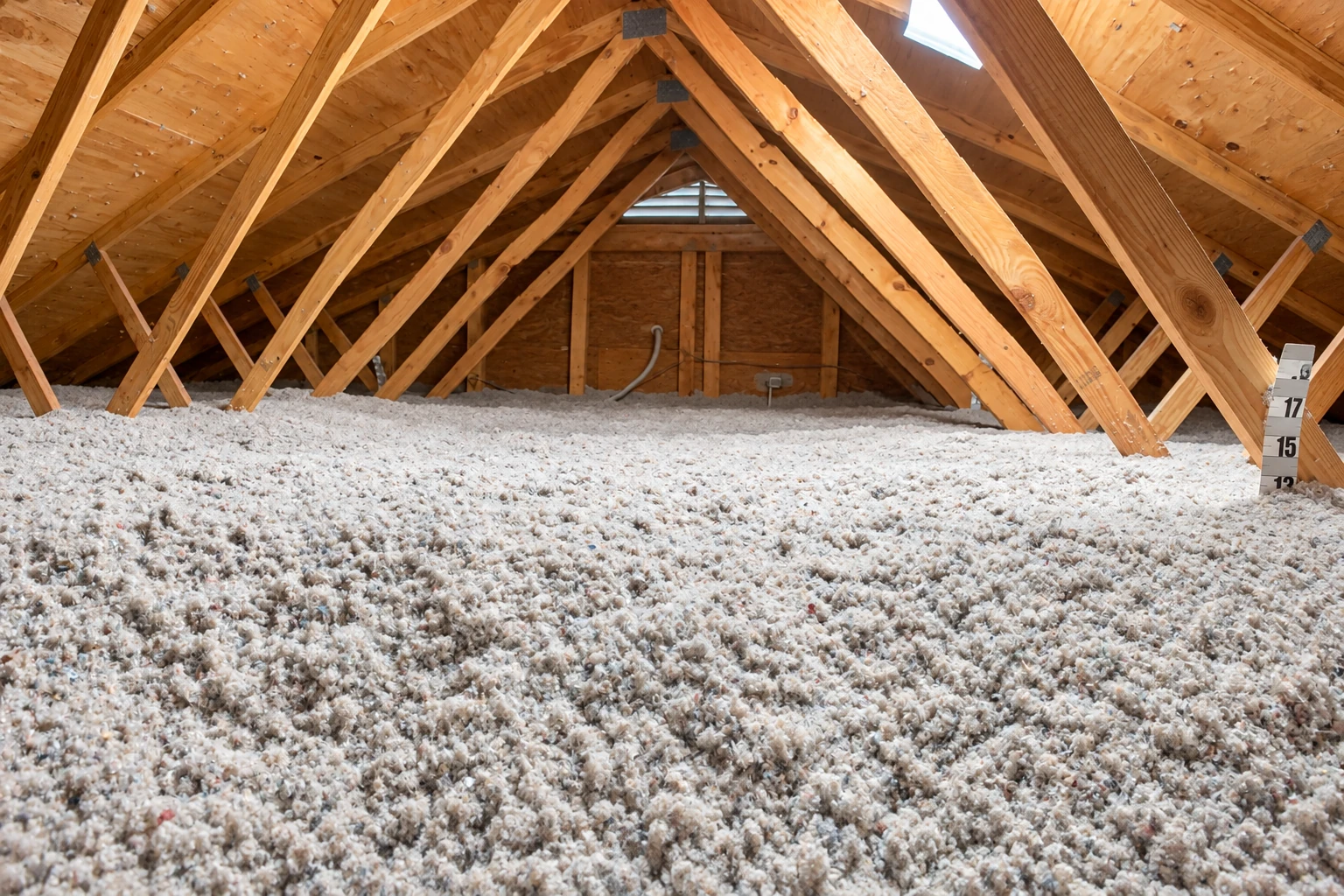 Loose-fill insulation blankets an attic floor beneath exposed wooden roof trusses.