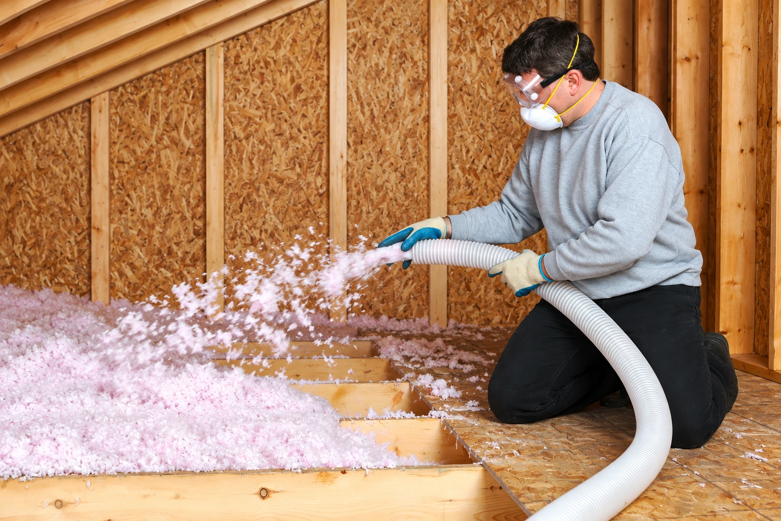 Worker wearing goggles and a respirator sprays loose pink insulation into an attic with a flexible hose.