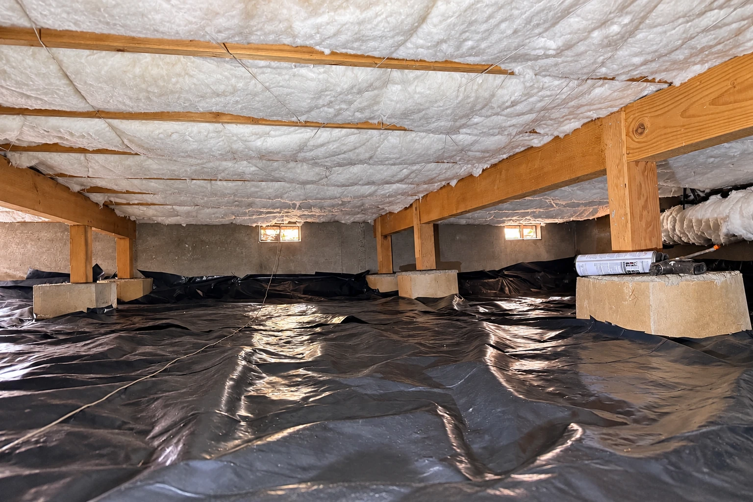 Crawl space with white insulation under the floor joists and black vapor barrier covering the ground.
