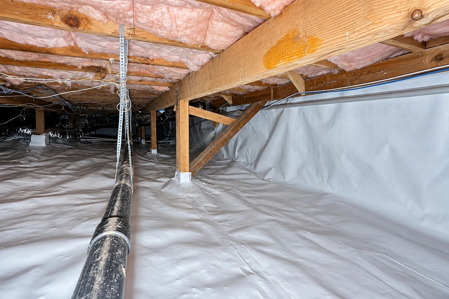 A crawl space has white vapor barrier covering the floor and walls, with pink insulation between overhead joists.