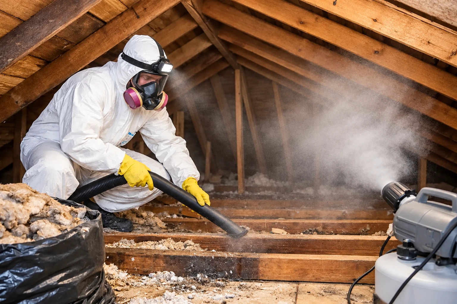 A worker in protective gear vacuums old attic insulation through a hose.
