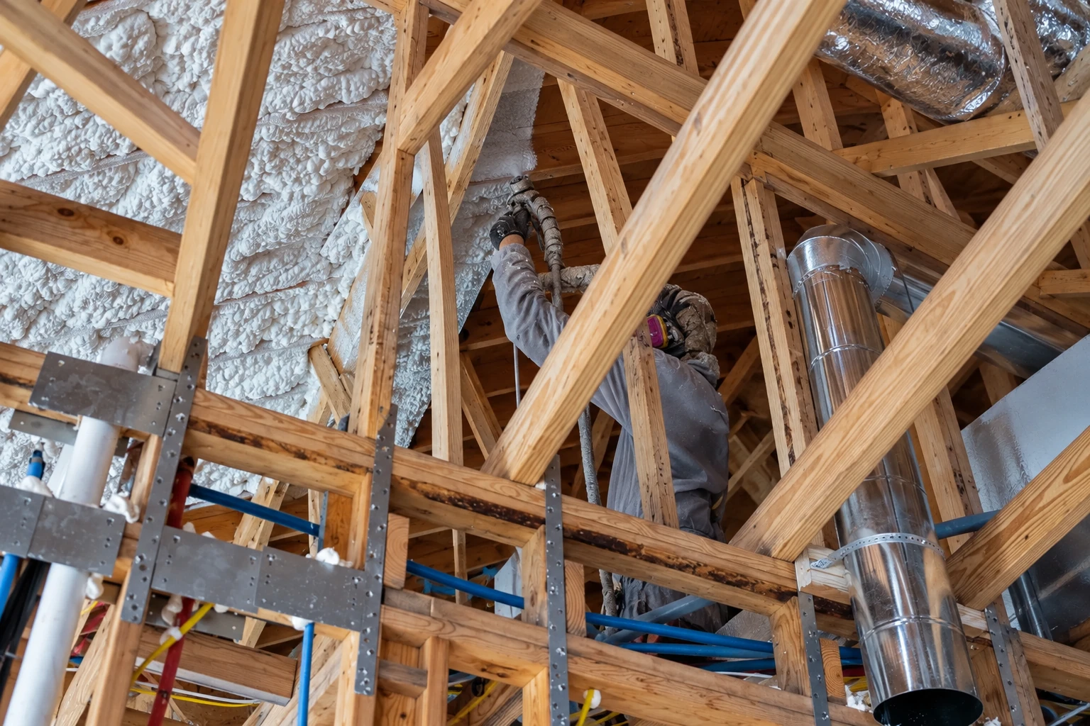 A worker sprays foam insulation among exposed wooden attic trusses beside silver ducts and pipes.