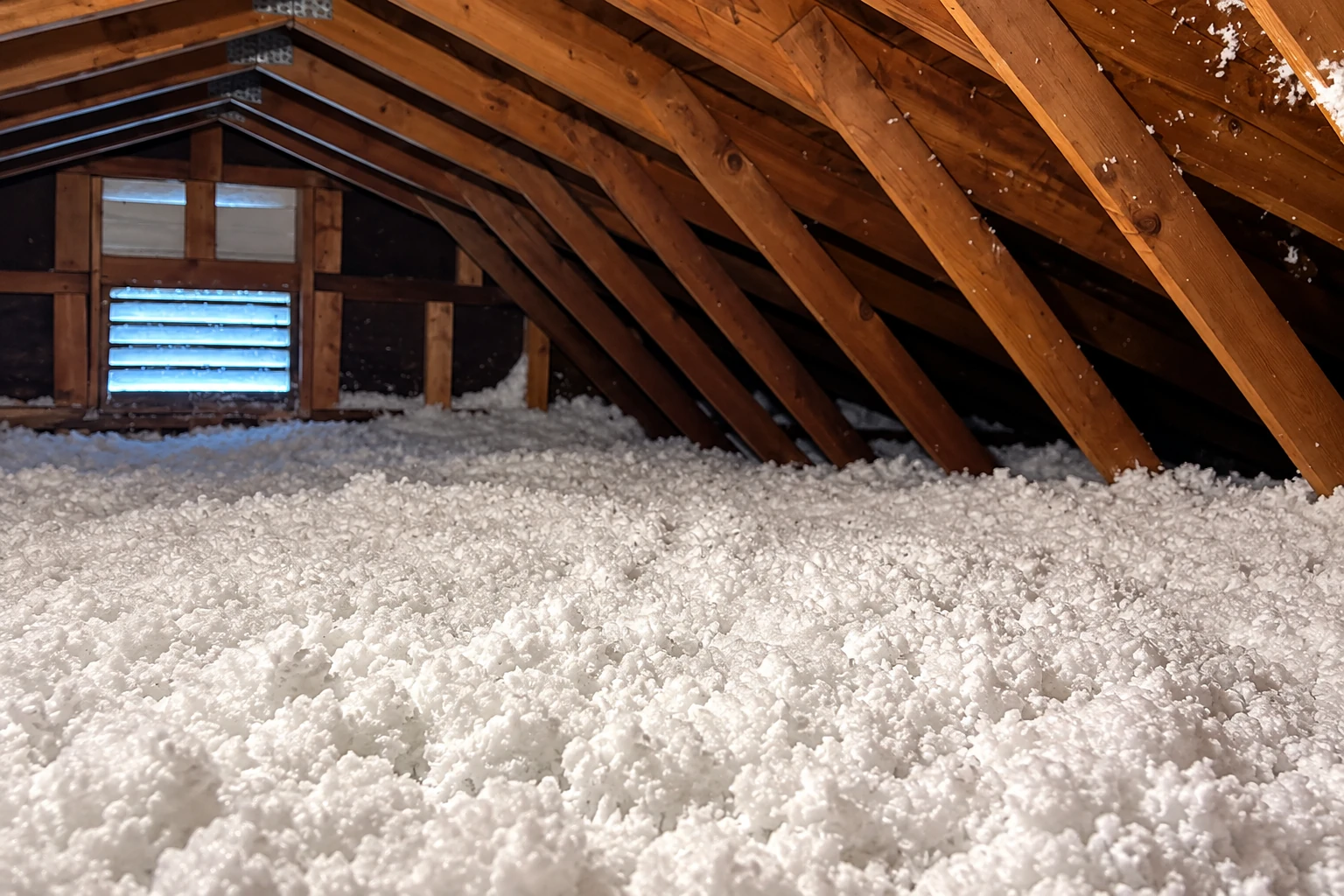 Loose white blown-in insulation covers the floor of an attic beneath exposed wooden roof rafters.