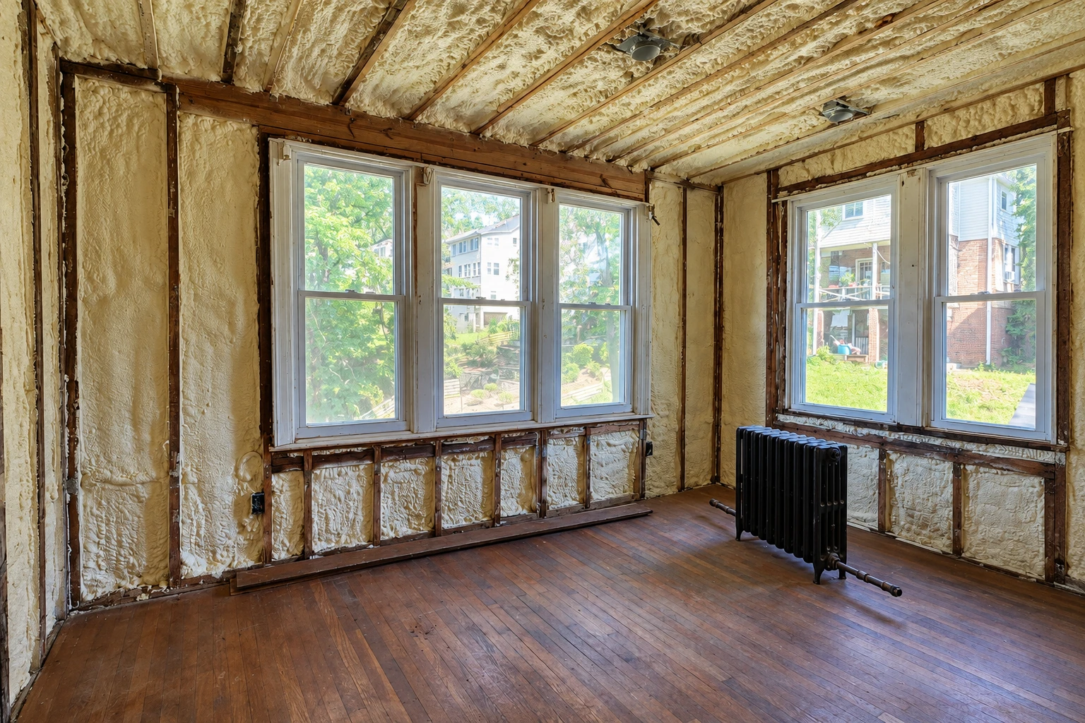 Room undergoing retrofit insulation, with exposed walls and ceiling filled with spray foam around several windows.