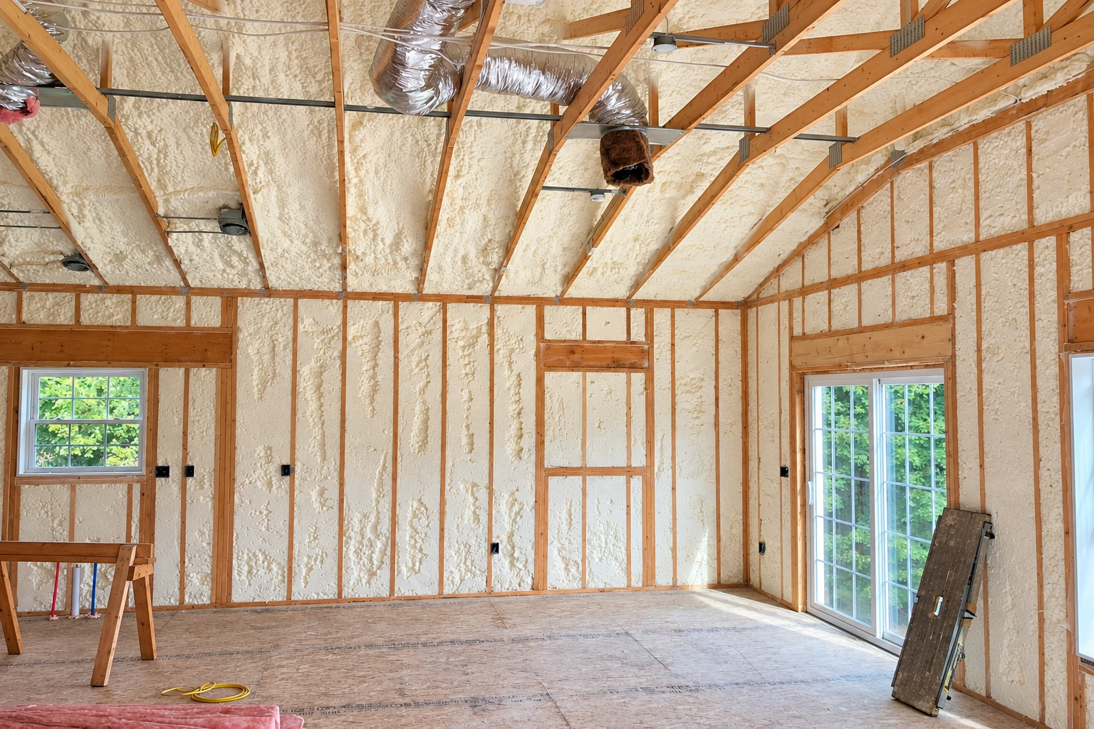 Spray foam insulation coats the walls and ceiling between exposed wooden studs in a bright unfinished room.