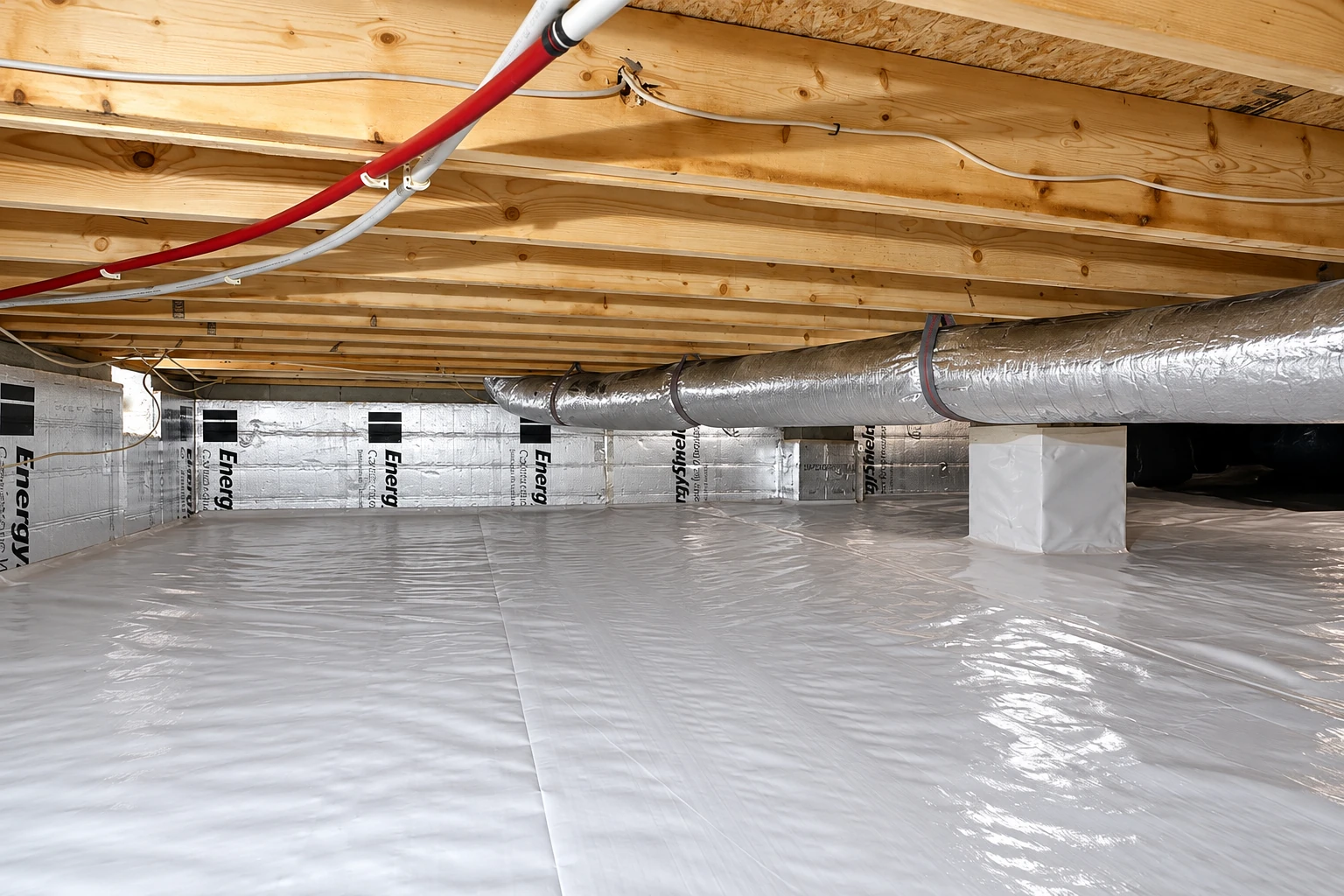 A crawl space has a white floor vapor barrier and insulated walls beneath exposed joists and a large silver duct.