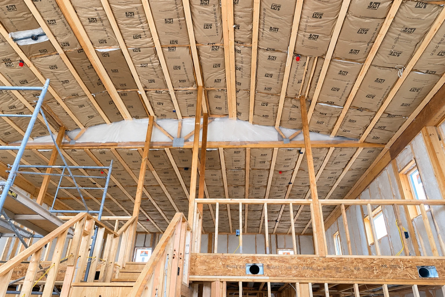 Fiberglass batts fill the roof framing of a large unfinished room with exposed wooden studs and scaffolding.